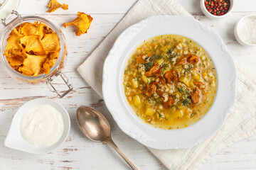 Autumn mushroom soup of chanterelles with pearl barley and dill in a white plate on a light wooden background. Top view, selective focus