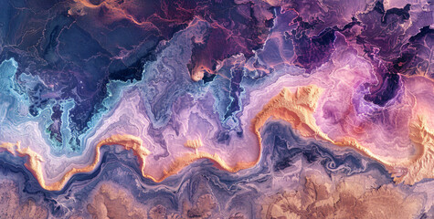 Naklejka premium A satellite view of an oil puddle in the style of colorful Moebius, with light purple and blue hues, in the style of aerial photography, with fluid organic shapes, using a paint dripping technique, wi