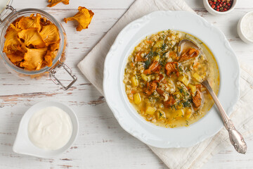 Autumn mushroom soup of chanterelles with pearl barley and dill in a white plate on a light wooden background. Top view, selective focus