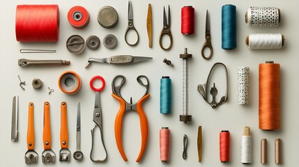 A vibrant collection of sewing tools including scissors, thimbles, thread spools, and a fabric cutter laid out artistically on a plain white surface