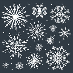 Vector Christmas and New Year white snowflakes hand drawn set.
