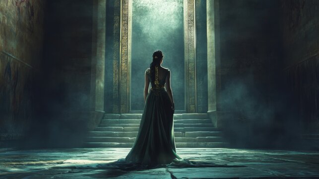 Esther, the courageous queen, standing before King Xerxes to reveal her identity and save her people. A symbol of bravery and destiny. Copy space for courage and faith.