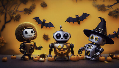 Playful robots celebrate Halloween with pumpkins and bats in a festive, whimsical scene against an orange backdrop.