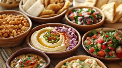 Fototapeta premium Lebanese Food Assorted Bowl. Arab Cuisine with a Variety of Mixed Assortment including Hummus and Pita Bread
