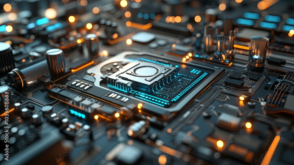 Poster a close-up of a complex circuit board with glowing components, showcasing advanced technology.