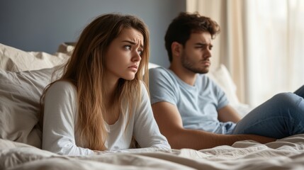 Couples seated apart in bed during a serious talk