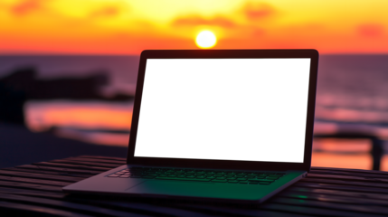 Laptop on the wooden table, sunset background, transparent screen