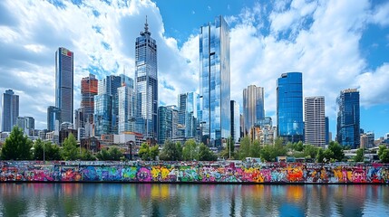 Fototapeta premium Towering 1970s-inspired skyscrapers, their chrome exteriors contrasting with lively graffiti wrapping the city's streets below