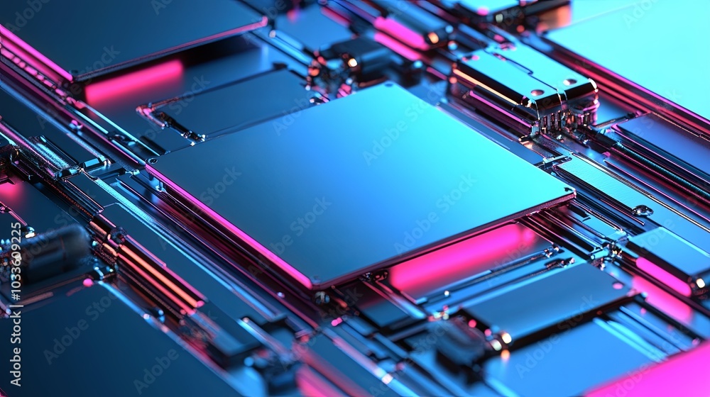 Poster a close-up view of a futuristic circuit board with vibrant colors and intricate designs.