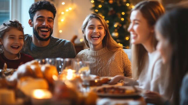 Lively family gathered around a festive dinner table during winter