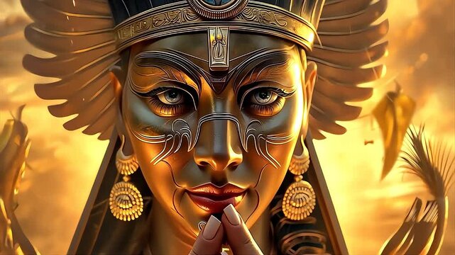 Ancient Golden deity goddess pharaoh wearing intricate headgear vibrant sunset 