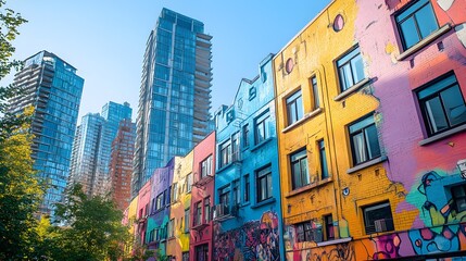 Obraz premium Bright sunlight reflects off the windows of retro skyscrapers, while the vibrant hues of street art murals stretch across their bases, evoking a nostalgic city vibe