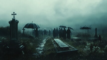 Mourners gathered around a freshly dug grave in the rain, dark umbrellas scattered across the graveyard, while the coffin rests under the gloomy sky.