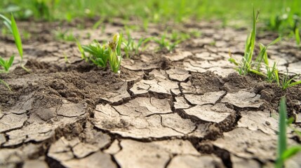 Dried, compacted soil with deep fissures across a once lush grassland, highlighting the environmental impact of water shortages and the greenhouse effect on agriculture.