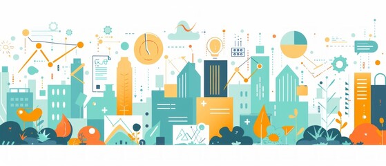Fototapeta premium A vibrant cityscape in a flat design style features icons symbolizing finance, tech, and health, blending urban, nature, and technology elements harmoniously.