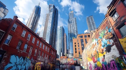 Obraz premium Glass skyscrapers rising into the sky with street art murals decorating the walls at ground level, adding a splash of culture to the modern city