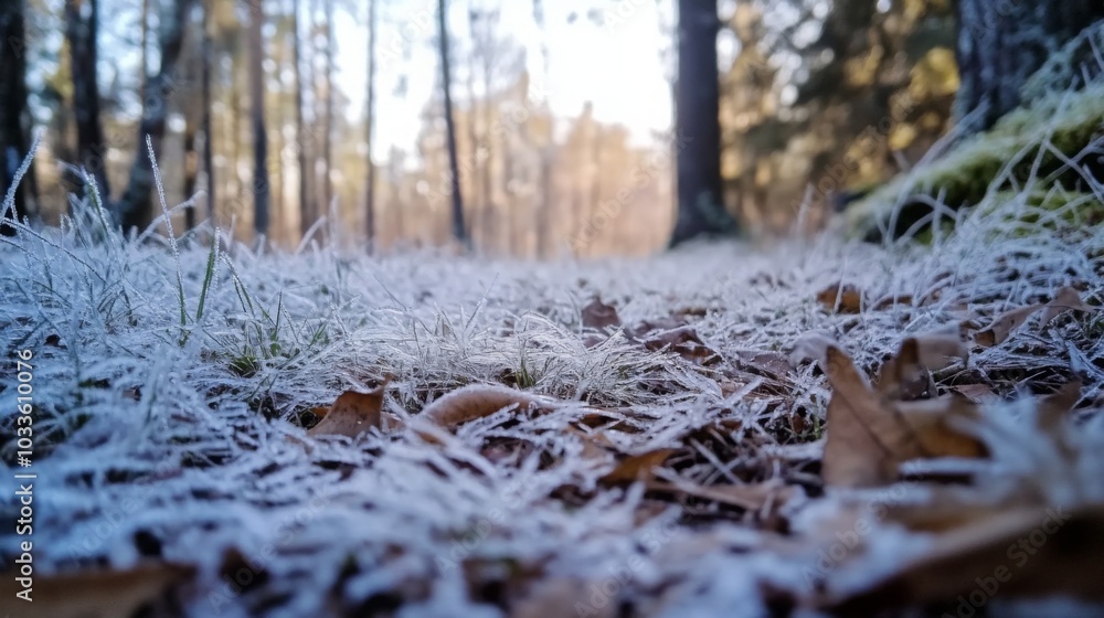 Aufkleber a serene forest path reveals a blanket of frost on the grass and fallen leaves, illuminated by the s