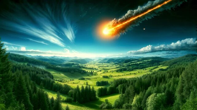 Asteroid / comet hurtling towards idyllic countryside landscape. Fiery meteor in sky above lush green fields, forests, and rolling hills. Concept of impending disaster, apocalypse, or cosmic impact.	
