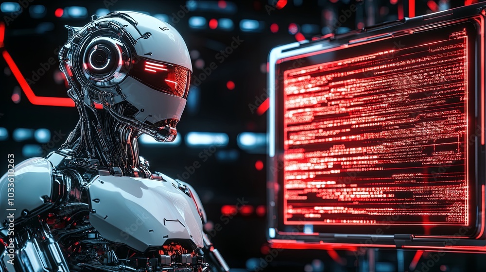 Poster a futuristic robot stands before a glowing screen filled with red code, symbolizing advanced technol
