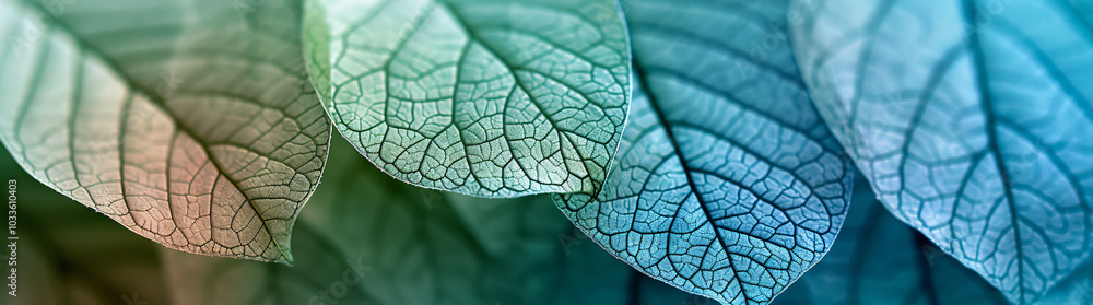 Poster a close up of transparent leaf veins in various shades of green and blue, with soft lighting creatin