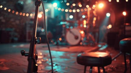 A music stage set for a live performance with a drum set, microphone stand, warm lighting, and...