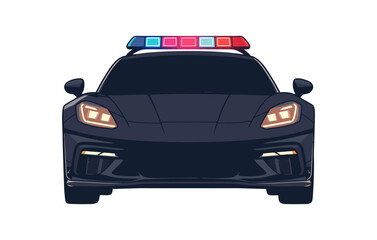 A sleek black police sports car viewed from the front with flashing red and blue lights, representing speed, authority, and law enforcement