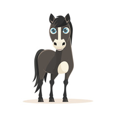 Vector illustration of black horse with big expressive eyes and a friendly expression, ideal for children's themes, animals, and nature-related content