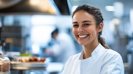 A food scientist smiling while analyzing food samples in a modern lab