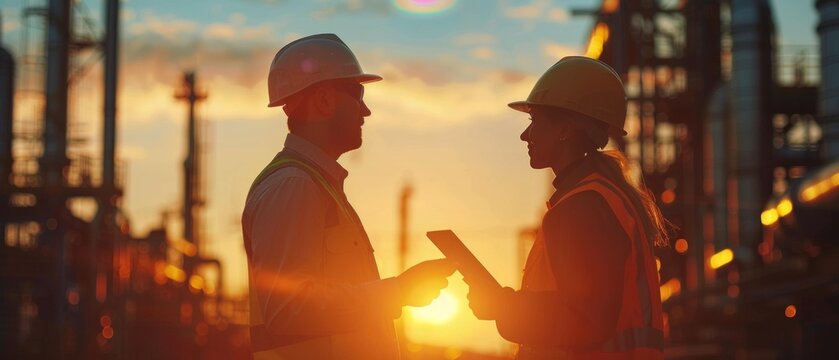 Two PPE-clad workers with tablets discuss at a plant as the sun sets, casting a warm glow over the industrial scene.