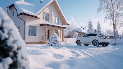 Cozy winter house with white car in snowy daylight