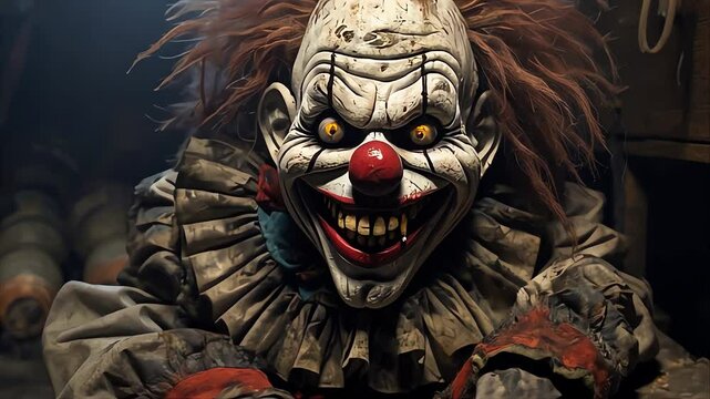 A creepy clown figure lurking in a dimly lit room filled with old props and eerie atmosphere horror scary