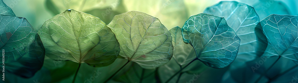 Poster a close up of transparent leaf veins in various shades of green and blue, with soft lighting creatin