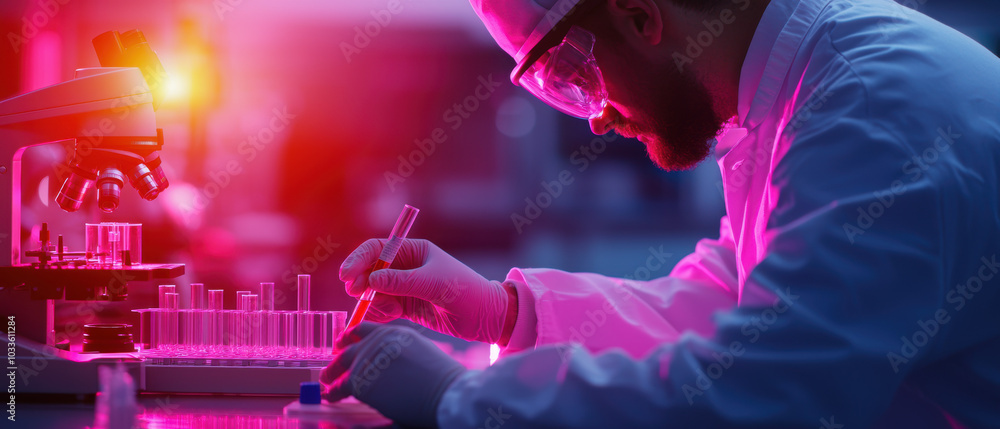 Poster a scientist in a lab coat works with test tubes under vibrant lighting, focusing on precise measurem
