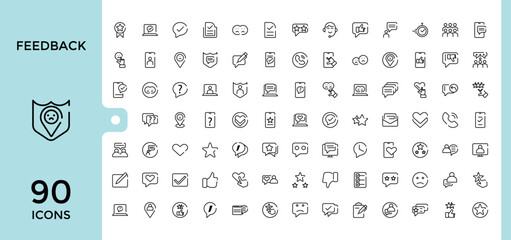 set of line icons related to feedback. containing suggestions, message, rating, mail, good and more. outline icons collection. Editable stroke. pixel perfect icon pack.