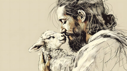 continuous drawing of Jesus Christ with a lamb. one line vector illustration of Jesus Christ with a lamb in his hands