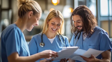 Dentists and nurses working on patient files during a digital healthcare workshop, discussing how technology and online tools can improve dental care services.