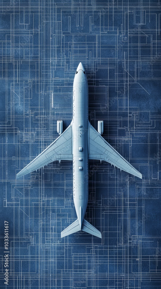 Poster white airplane model standing on a blue printed circuit board, representing the increasingly technol