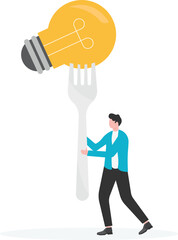 Business team cut a fork knife and ate a meal light bulb wire inspiration. Flat vector illustration
