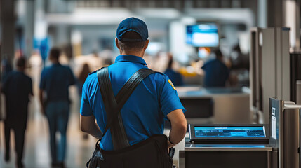 Airport security officer monitoring an X-ray scanner, focusing on the screen showing bag contents. Passengers in the background. --chaos