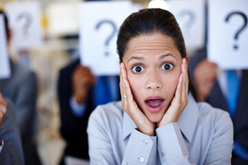 Business woman, surprise and portrait with question mark, poster and shock from fire possibility. Retrenched, sign and termination stress with employee with anxiety from layoff or potential dismissal