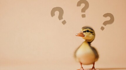 Curious confused duckling staring at floating question marks, isolated on a soft peach background, tilting its head while trying to make sense of what's going on around.