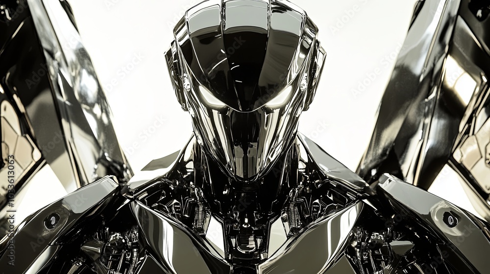 Poster a futuristic humanoid robot with sleek metallic features and wings, emphasizing advanced technology.