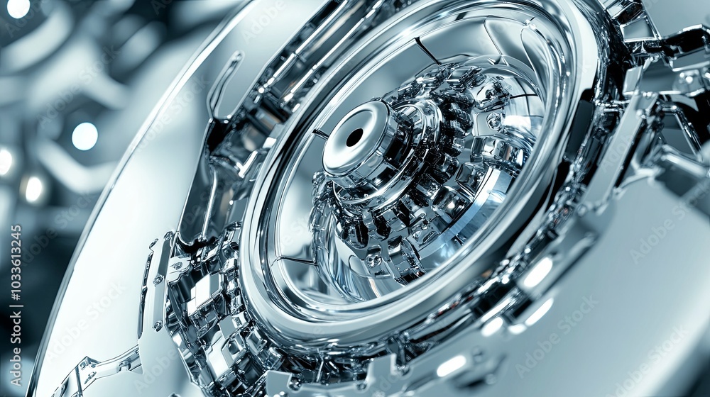 Poster close-up of a shiny, intricate mechanical component showcasing metallic textures and reflections.