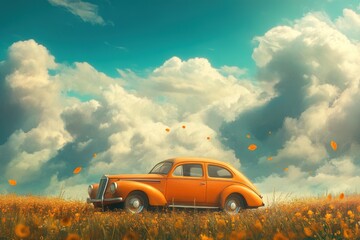 Fototapeta premium Vintage car in orange field under blue sky