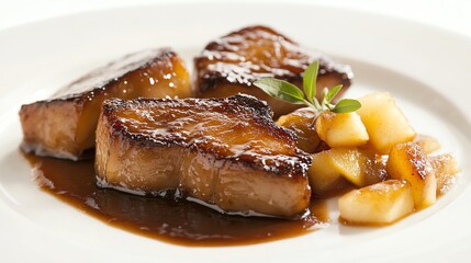 Seared duck breast with apples and a brown sauce.