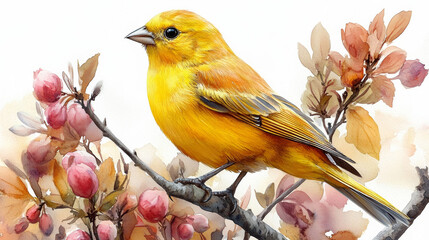 Spring Yellow Bird Watercolor Painting of Forest Inhabitant