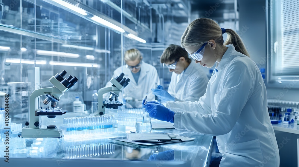 Poster scientists conducting experiments in a modern laboratory
