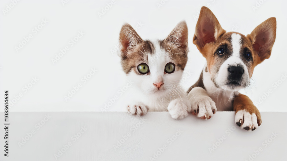 Wall mural kitten and puppy peeking out behind a white blank board. advertising banner template for pet store o