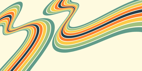 Abstract background of rainbow groovy Wavy Line design in 1970s Hippie Retro style. Vector pattern ready to use for cloth, textile, wrap and other.