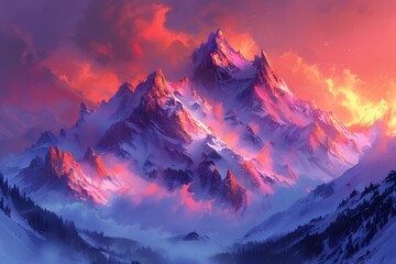 Majestic Sunset Over Snow-Capped Mountains in Vibrant Colors